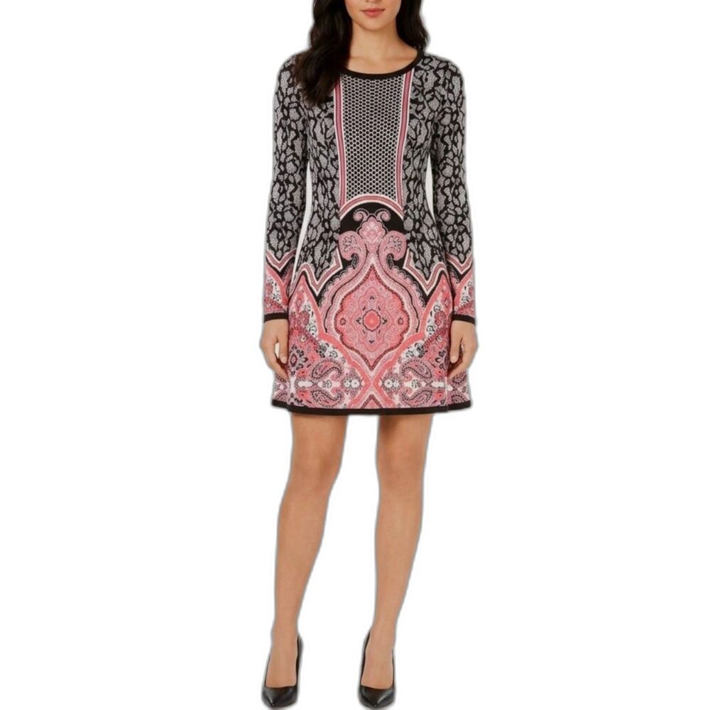 Style & Co Women's NWOT Black Pink Paisley Knit Long Sleeve Sweater Dress Sz S